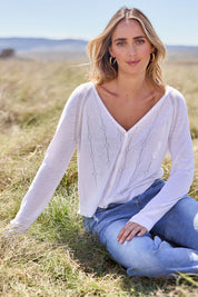 Model Tegan wearing size S of the Pretty In Pointelle Linen Blend Cardi in colour Milk (White), from the front, showing the whole outfit