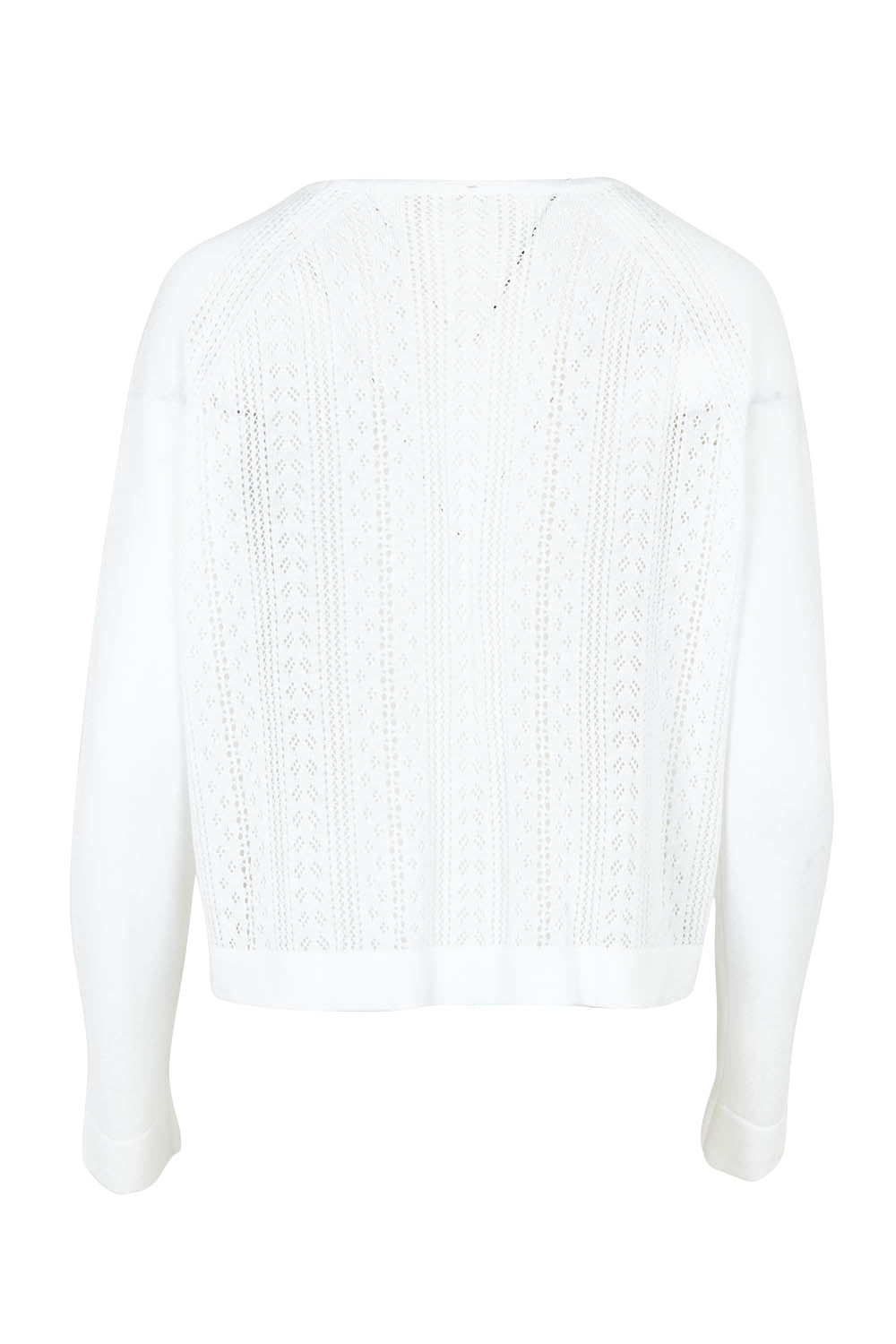 Product shot of the Pretty In Pointelle Linen Blend Cardi in colour Milk (White), from the back