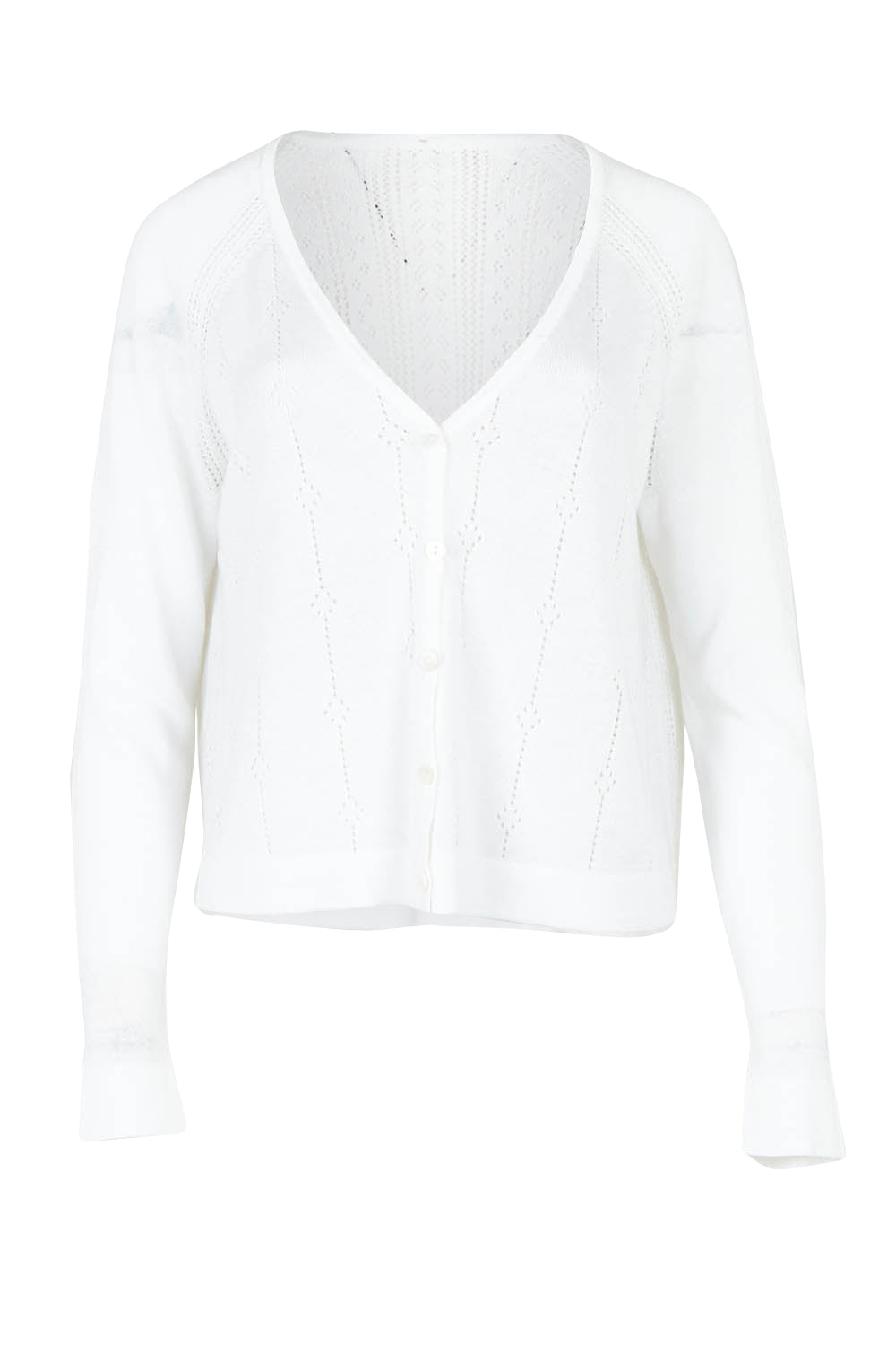 Product shot of the Pretty In Pointelle Linen Blend Cardi in colour Milk (White), from the front