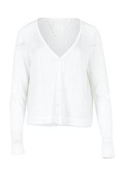 Product shot of the Pretty In Pointelle Linen Blend Cardi in colour Milk (White), from the front