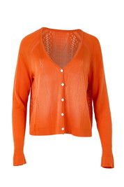 Product shot of the Pretty In Pointelle Linen Blend Cardi – Sunset in colour Sunset, from the front