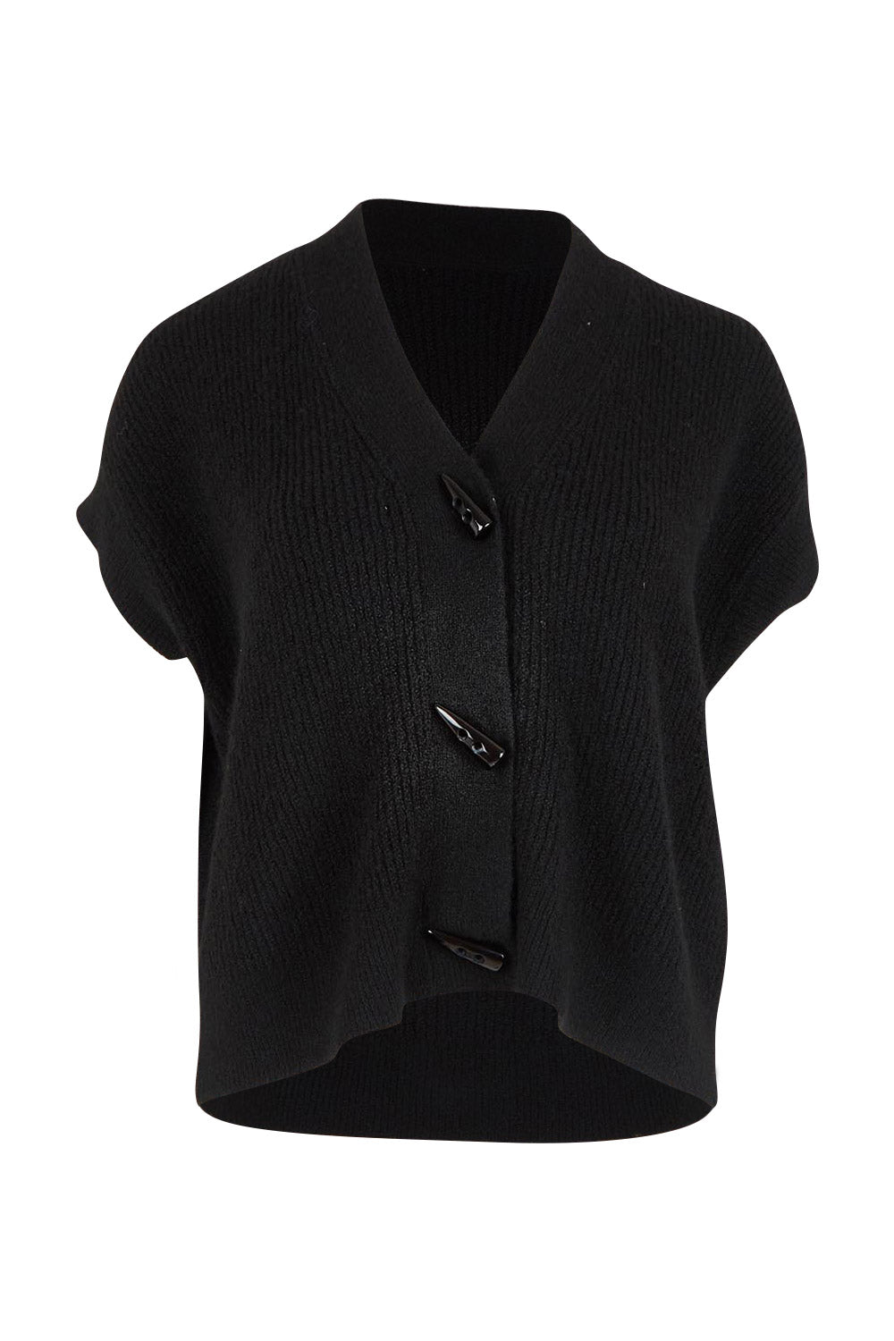 Product shot of the Found My Friend Recycled Knit Sleeveless Cardi in colour Black (Black), from the front