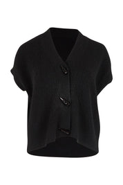 Product shot of the Found My Friend Recycled Knit Sleeveless Cardi in colour Black (Black), from the front