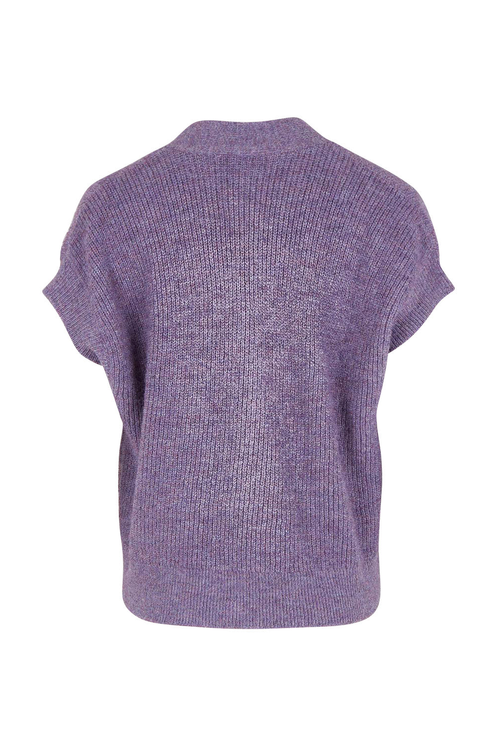 Product shot of the Found My Friend Recycled Knit Sleeveless Cardi in colour Lavender (Purple), from the back