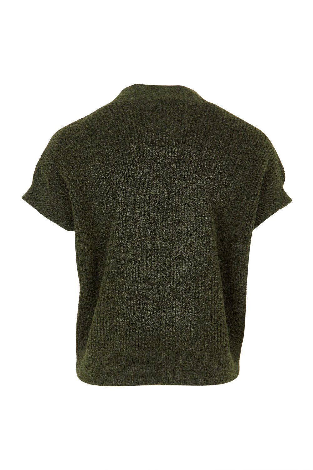 Product shot of the Found My Friend Recycled Knit Sleeveless Cardi in colour Pine (Green), from the back