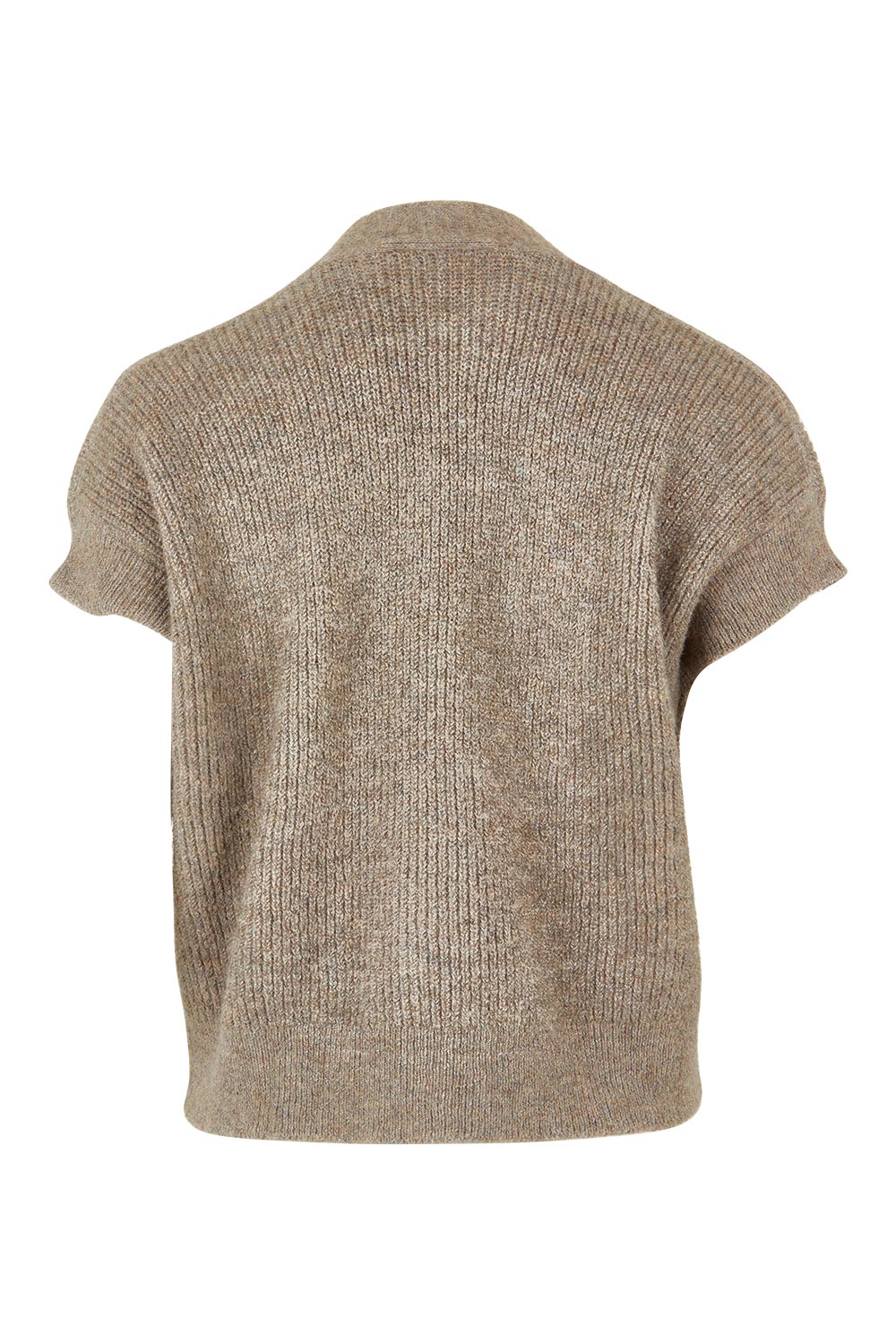Product shot of the Found My Friend Recycled Knit Sleeveless Cardi in colour Wood, from the back