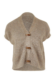 Product shot of the Found My Friend Recycled Knit Sleeveless Cardi in colour Wood, from the front