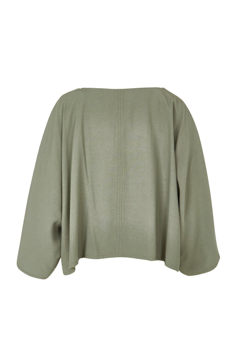 Product shot of the Striding Out Kimono Sleeve Top in colour Thyme (Green), from the back