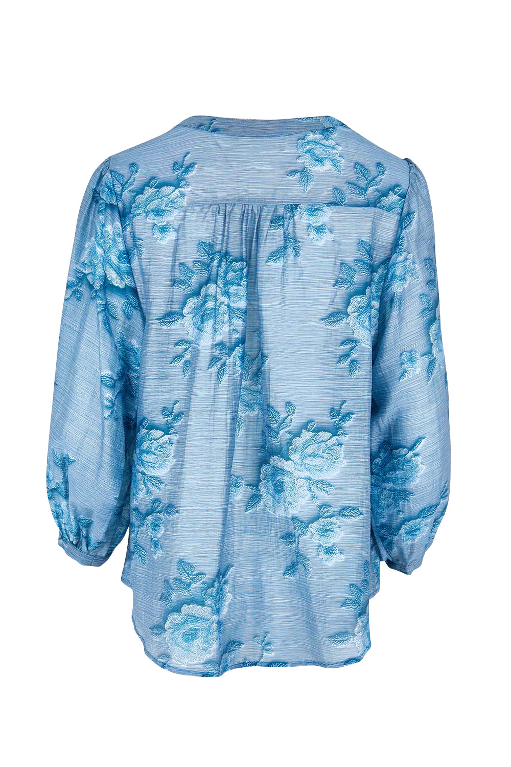 Product shot of the Easy On Me Tencel And Linen Blend Blouse - Bluefleur in colour Bluefleur, from the back