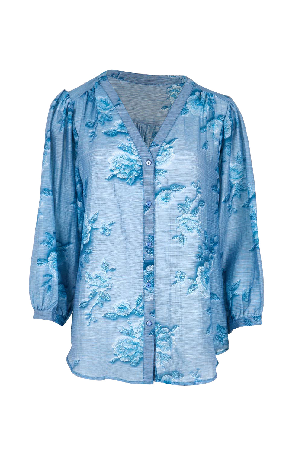 Product shot of the Easy On Me Tencel And Linen Blend Blouse - Bluefleur in colour Bluefleur, from the front
