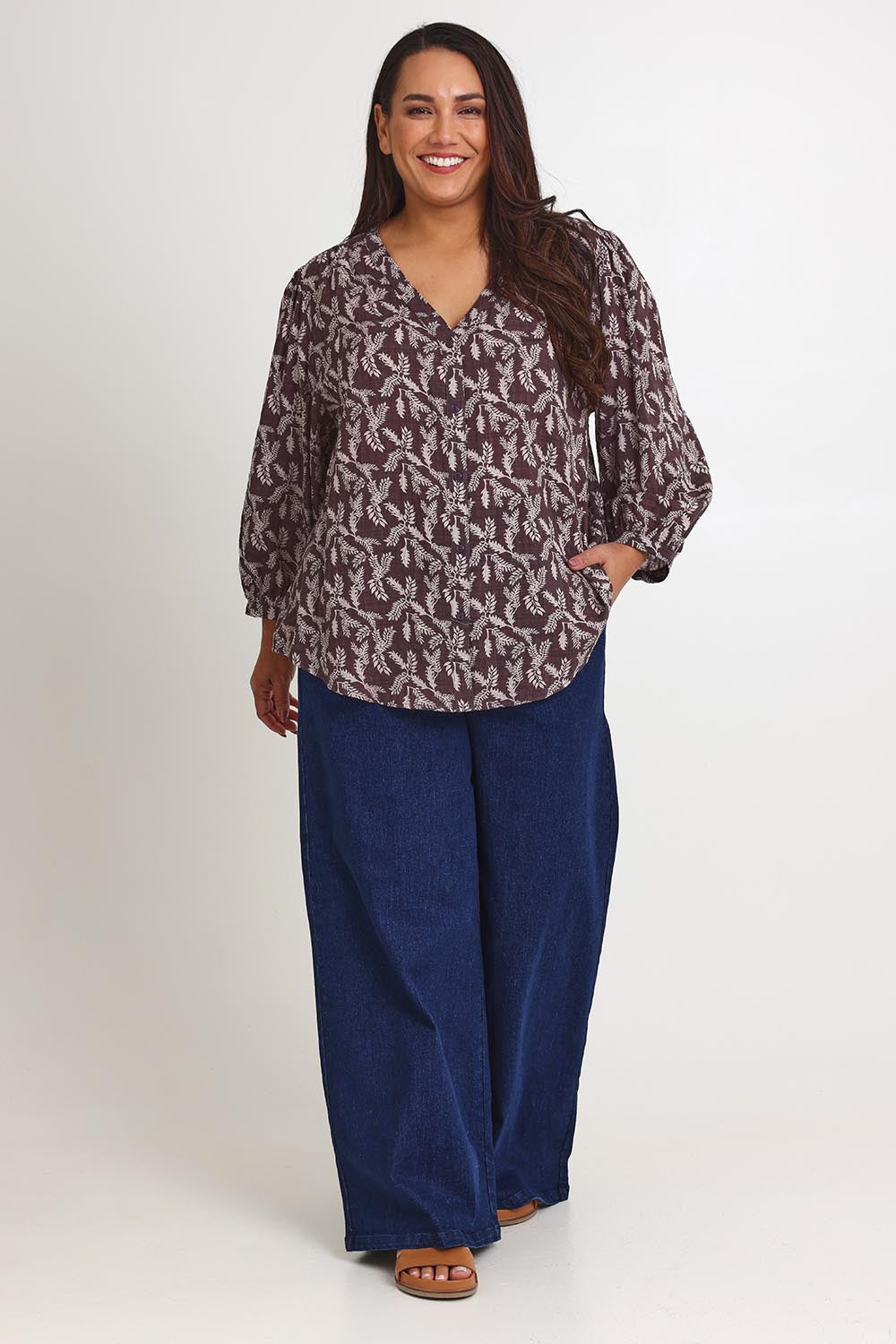 Model Ashleigh wearing size 16 of the Easy On Me Blouse in colour Charcoal (Grey), from the front, showing the whole outfit