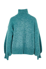 Product shot of the Lovely Day Billow Sleeve Wool Blend Jumper in colour Sea (Green), from the back