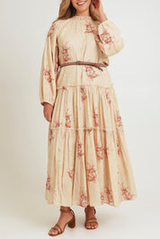 Model Chanel wearing size 16 of the Falling Into Your Arms Cotton Maxi Dress in colour Sandfleur, from the front, cropped image