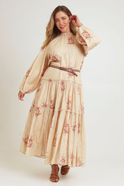 Model Chanel wearing size 16 of the Falling Into Your Arms Cotton Maxi Dress in colour Sandfleur, from the front, showing the whole outfit