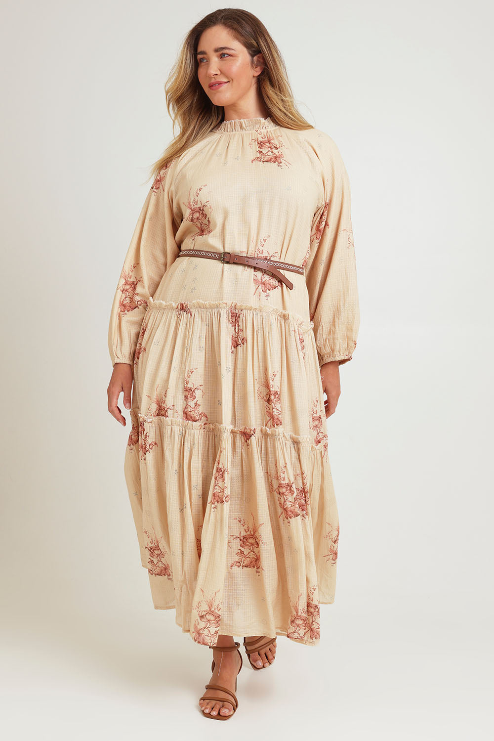 Model Chanel wearing size 16 of the Falling Into Your Arms Cotton Maxi Dress in colour Sandfleur, from the front, showing the whole outfit