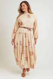 Model Chanel wearing size 16 of the Falling Into Your Arms Cotton Maxi Dress in colour Sandfleur, from the front, showing the whole outfit