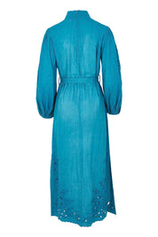 Product shot of the Youre A Gem Button Detail Cotton Dress in colour Jade (Blue), from the back