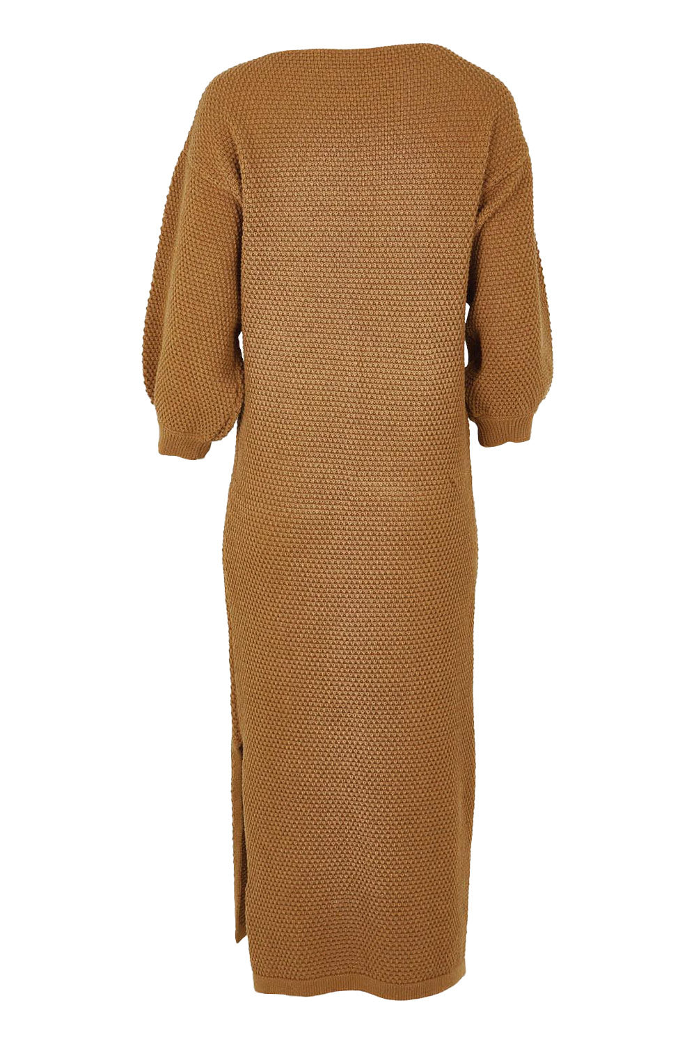 Product shot of the Come As You Are Cotton Knit Dress in colour Camel, from the back