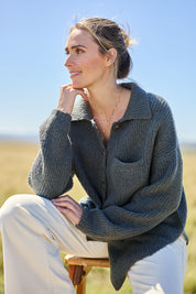 Model Tegan wearing size S of the Cuddle Up To Me Knit Cardi in colour Gumnut (Green), from the front, showing the whole outfit