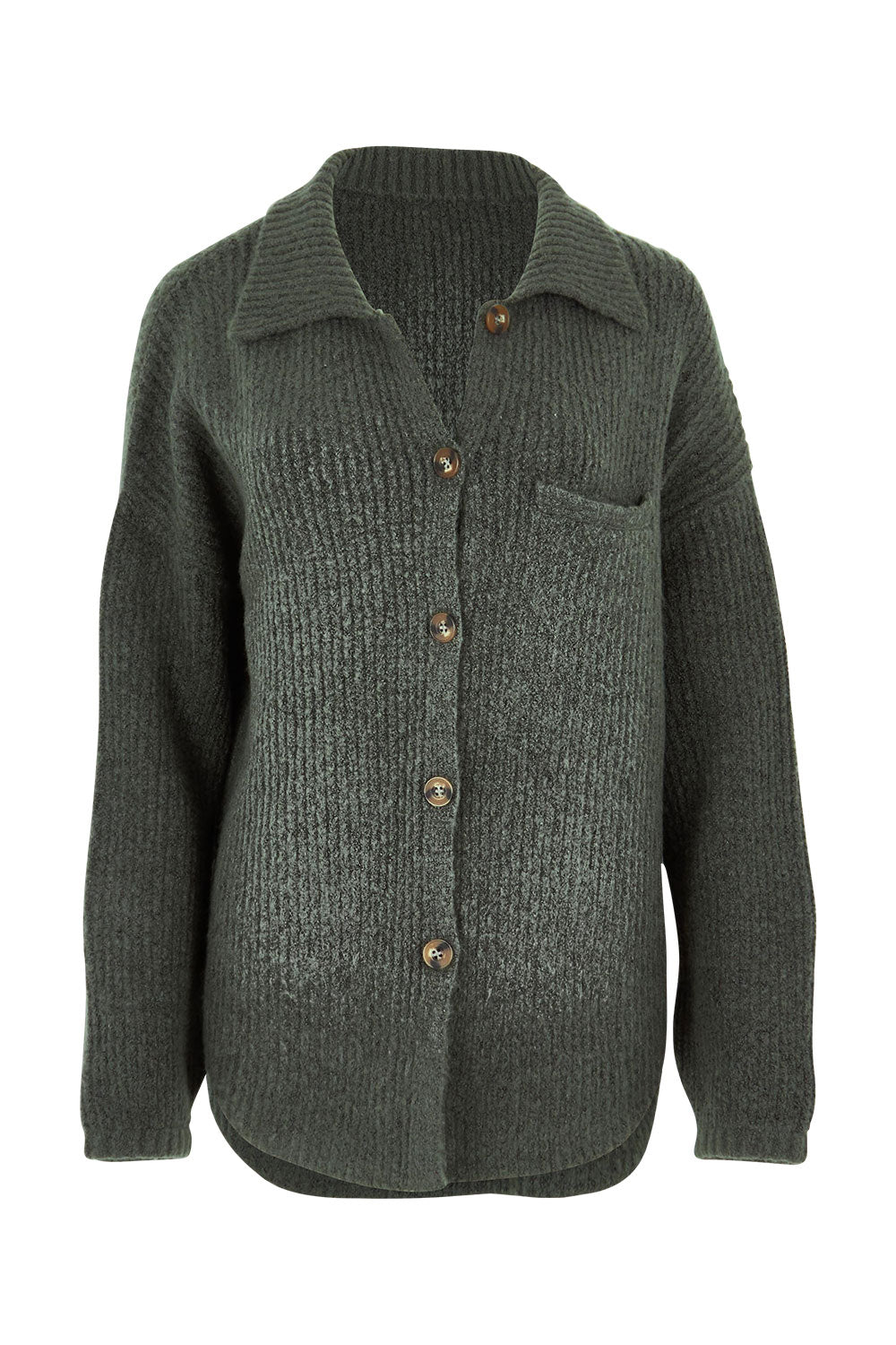 Product shot of the Cuddle Up To Me Knit Cardi in colour Gumnut (Green), from the front