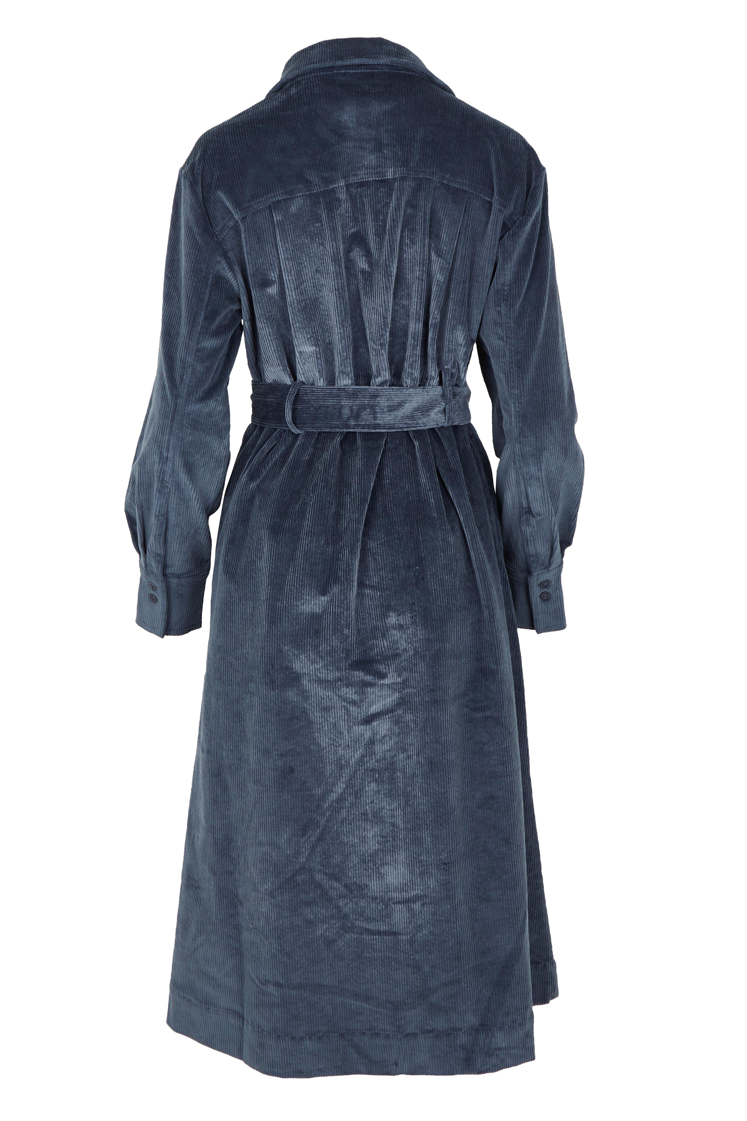 Product shot of the High Impact Cord Dress in colour Blue (Blue), from the back