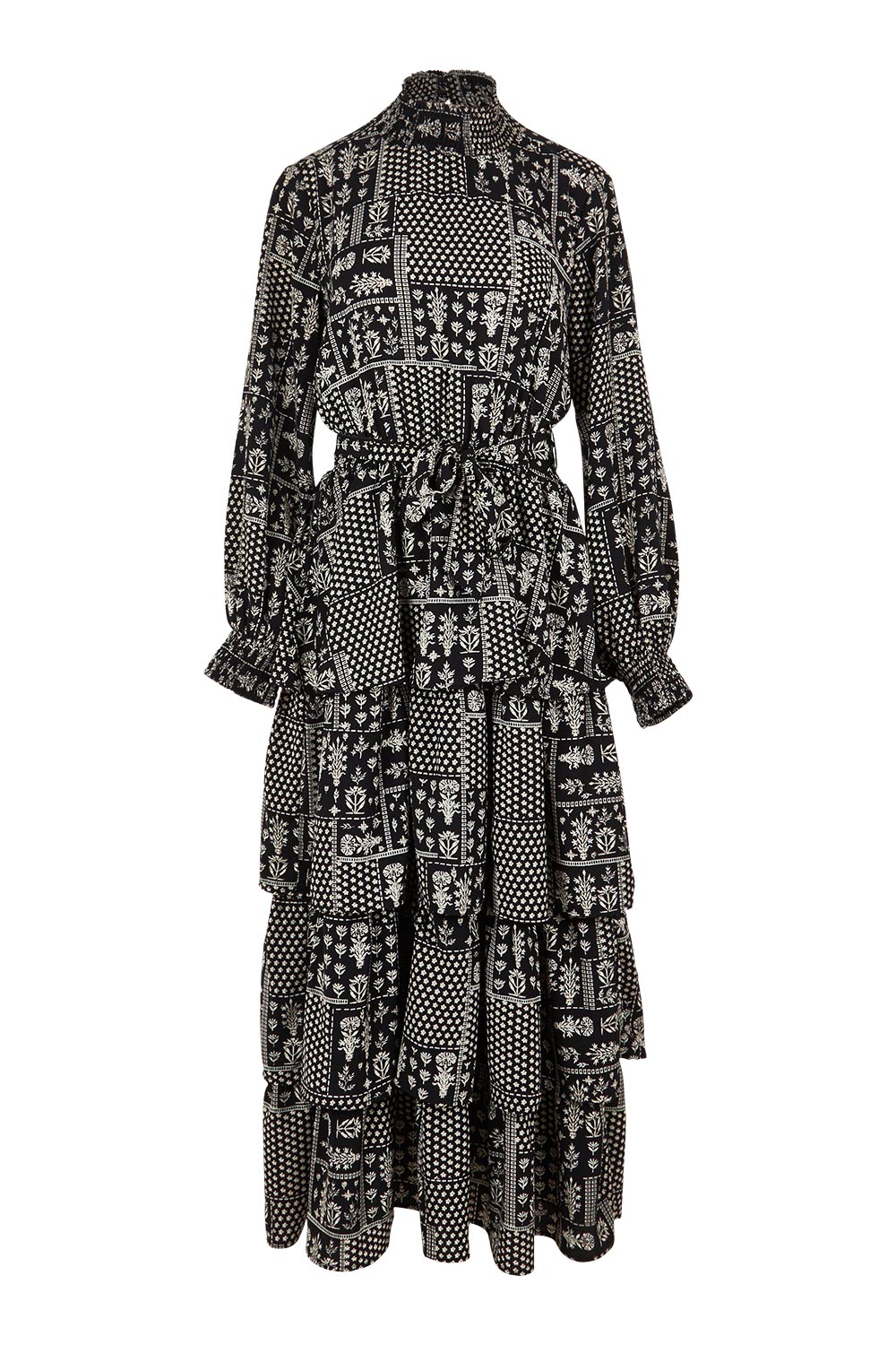 Product shot of the Wonderland Tiered Dress in colour Blackwhite (Black), from the front