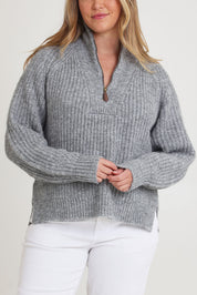 Model Chanel wearing size XL of the Always Yours Half Zip Sweater in colour Stormgrey (Grey), from the front, cropped image