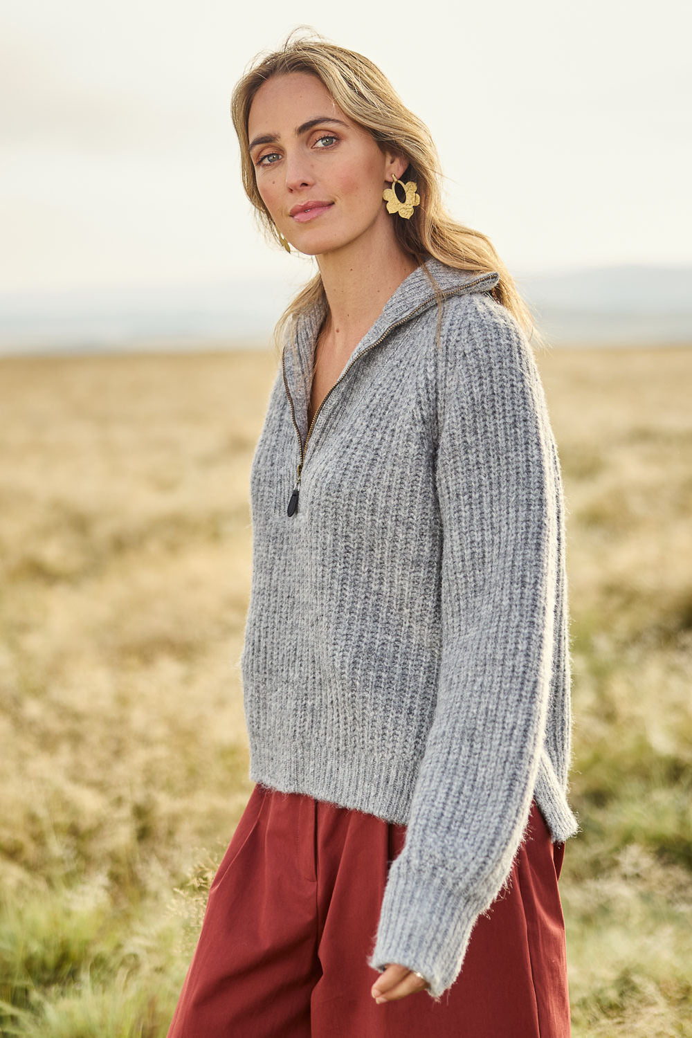 Model Melissa wearing size S of the Always Yours Half Zip Sweater in colour Stormgrey (Grey), from the front, showing the whole outfit