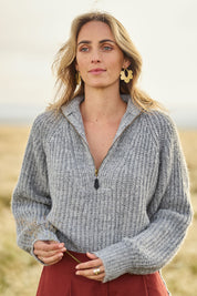 Model Tegan wearing size S of the Always Yours Half Zip Sweater in colour Stormgrey (Grey), from the front, showing the whole outfit