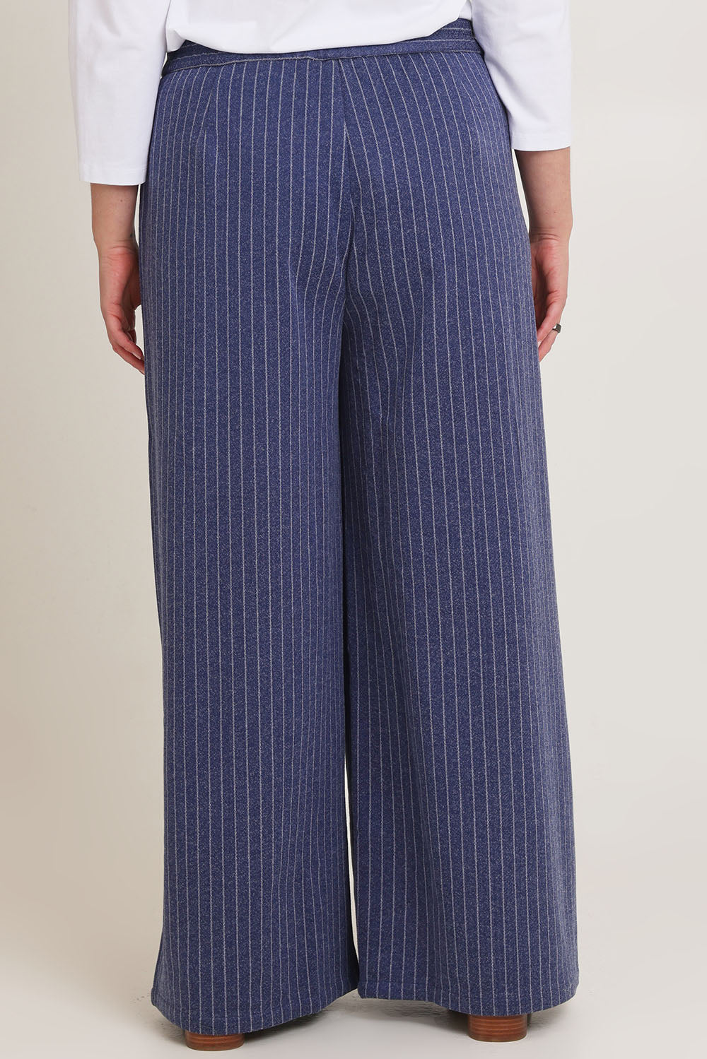 Model Chanel wearing size 16 of the Walk This Way Wide Leg Pants in colour Bluestripe (Blue), from the back