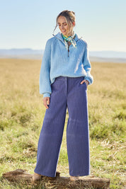 Model Tegan wearing size 10 of the Walk This Way Wide Leg Pants in colour Bluestripe (Blue), from the front, showing the whole outfit