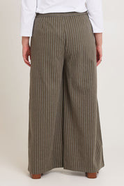 Model Chanel wearing size 16 of the Walk This Way Wide Leg Pants in colour Chocstripe, from the back