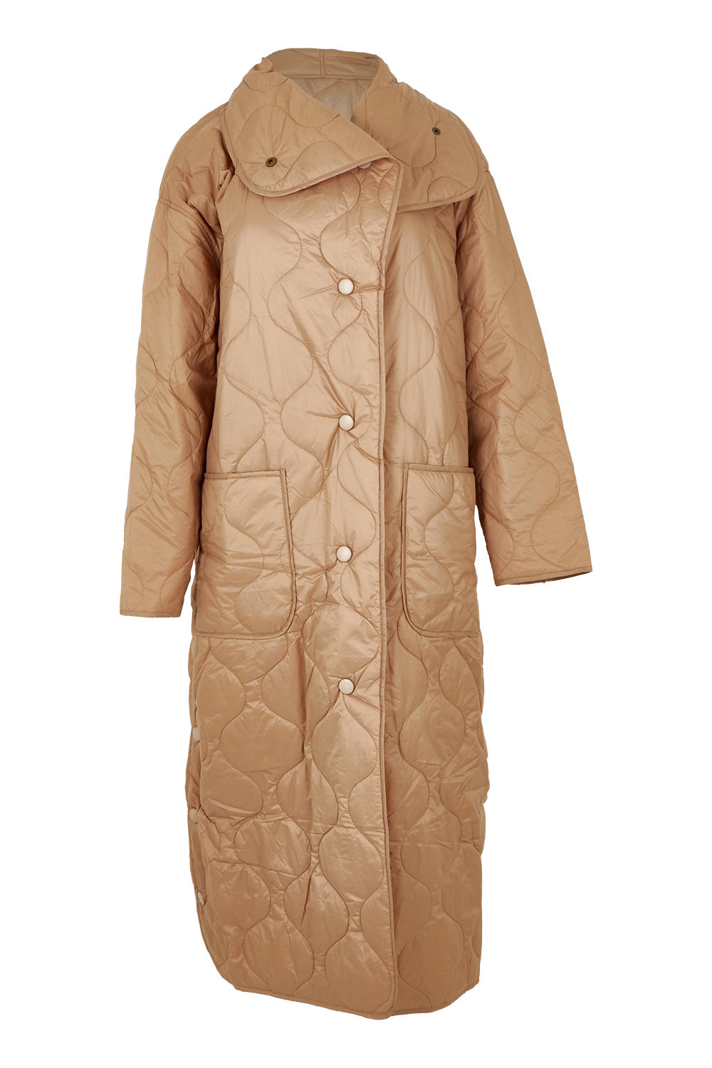 Product shot of the Heart Warming Oversized Quilted Jacket in colour Earth, from the front