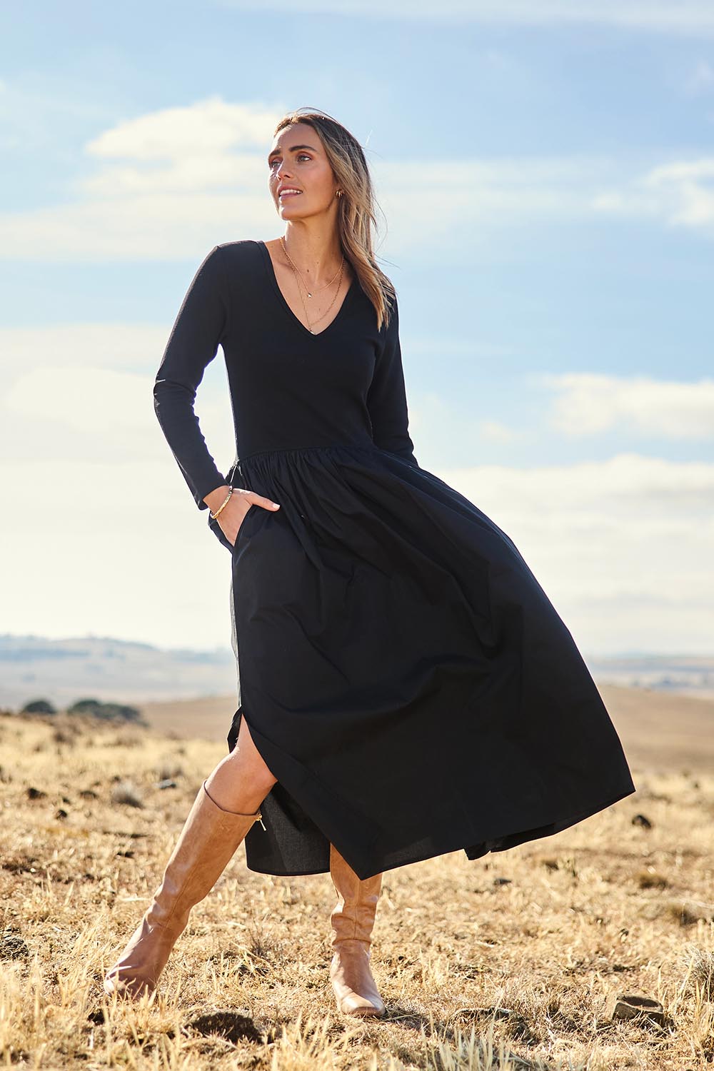 Model Tegan wearing size 10 of the Sweet Intentions Long Sleeve V Neck Maxi Dress in colour Black (Black), from the front, showing the whole outfit