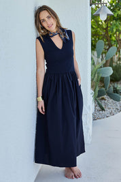 Model Tegand wearing size 10 of the Sweet Intentions V Neck Maxi Dress – Navy in colour Navy, from the front