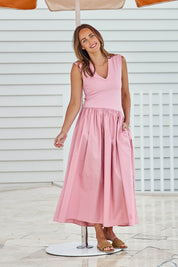 Model Tegand wearing size 10 of the Sweet Intentions V Neck Maxi Dress – Petal in colour Petal, from the front