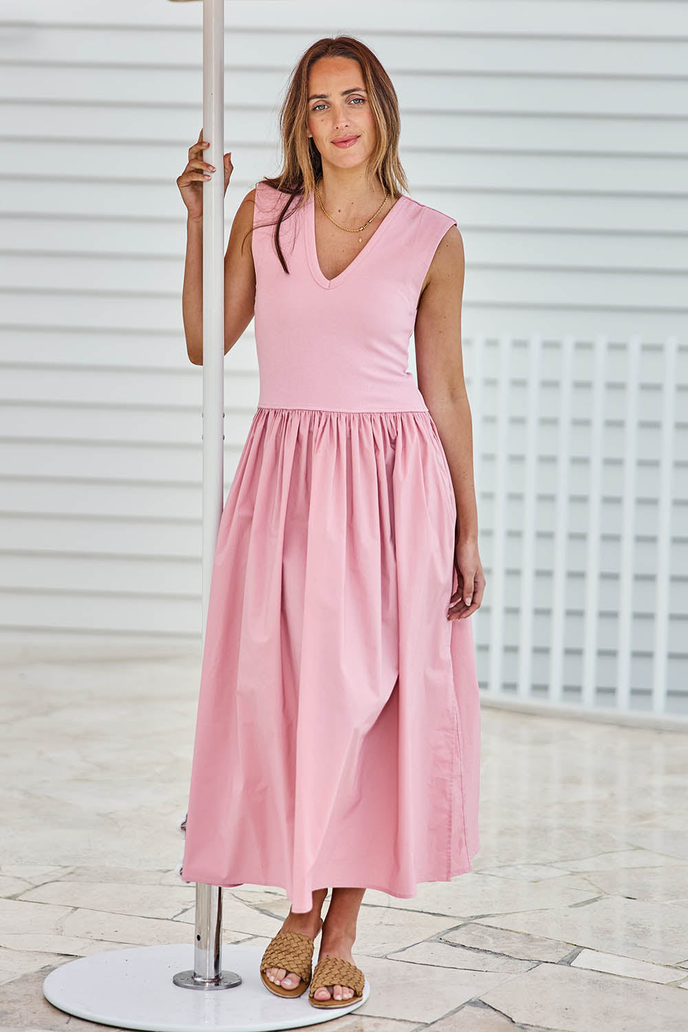 Model Tegand wearing size 10 of the Sweet Intentions V Neck Maxi Dress – Petal in colour Petal, from the front