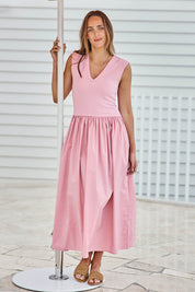 Model Tegand wearing size 10 of the Sweet Intentions V Neck Maxi Dress – Petal in colour Petal, from the front