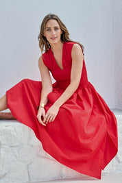 Model Tegand wearing size 10 of the Sweet Intentions V Neck Maxi Dress – Redhot in colour Redhot, in a cropped view