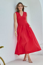 Model Tegand wearing size 10 of the Sweet Intentions V Neck Maxi Dress – Redhot in colour Redhot, from the front