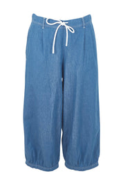 Product shot of the Summer Daze Denim Pull On 3/4 Pant in colour Denim (Blue), from the front
