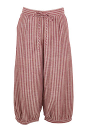 Product shot of the Summer Daze Striped Pull On 3/4 Pant – Plum in colour Plum, from the front