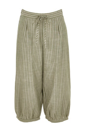 Product shot of the Summer Daze Striped Pull On 3/4 Pant – Sage in colour Sage, from the front