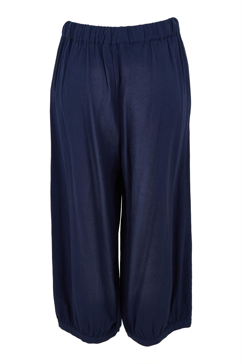 Product shot of the Summer Daze Linen Blend Pull On 3/4 Pant in colour Navy (Blue), from the back
