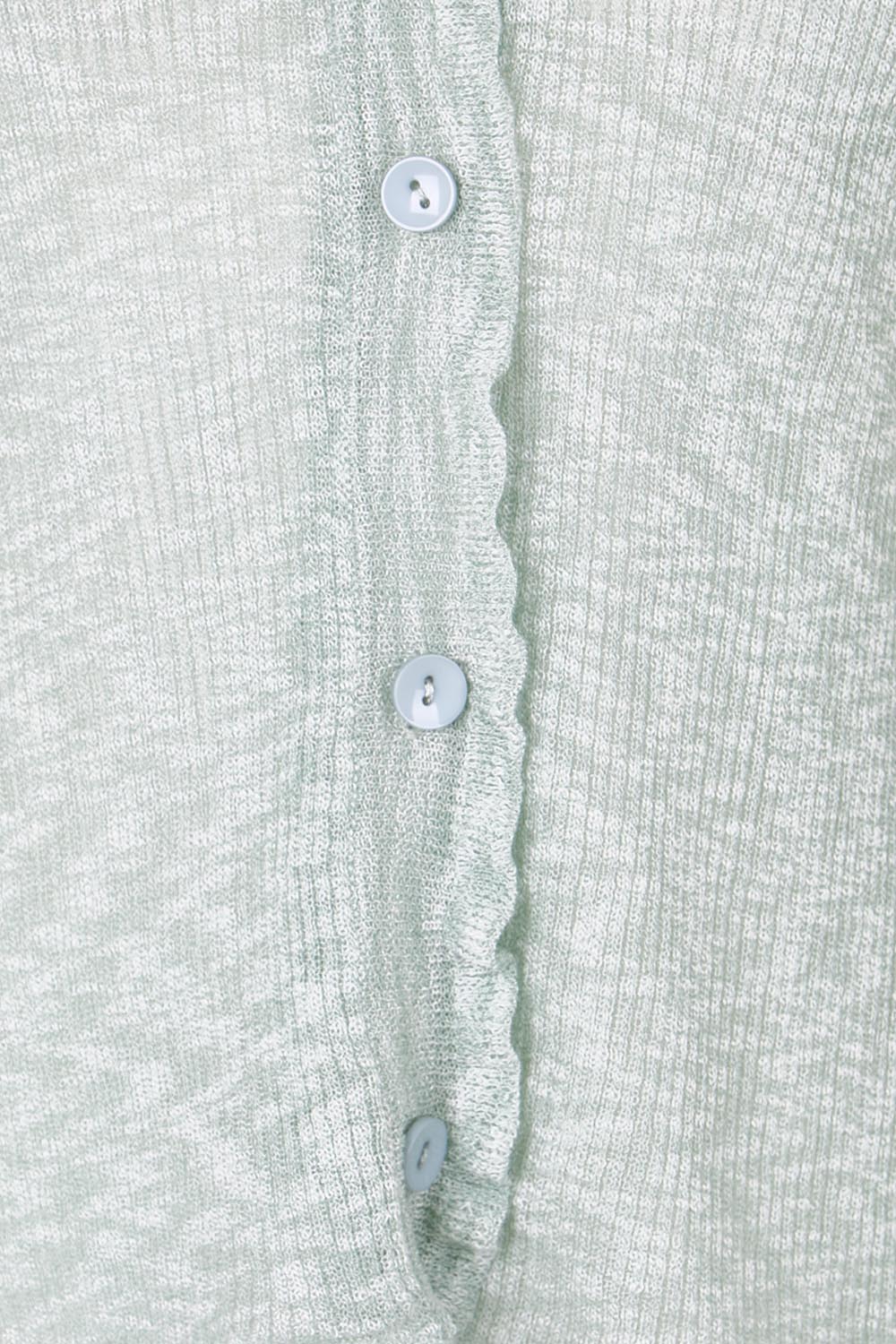 Product shot of the Super Fine Summer Ruffle Cardi – Mintmarl in colour Mintmarl, showing detail