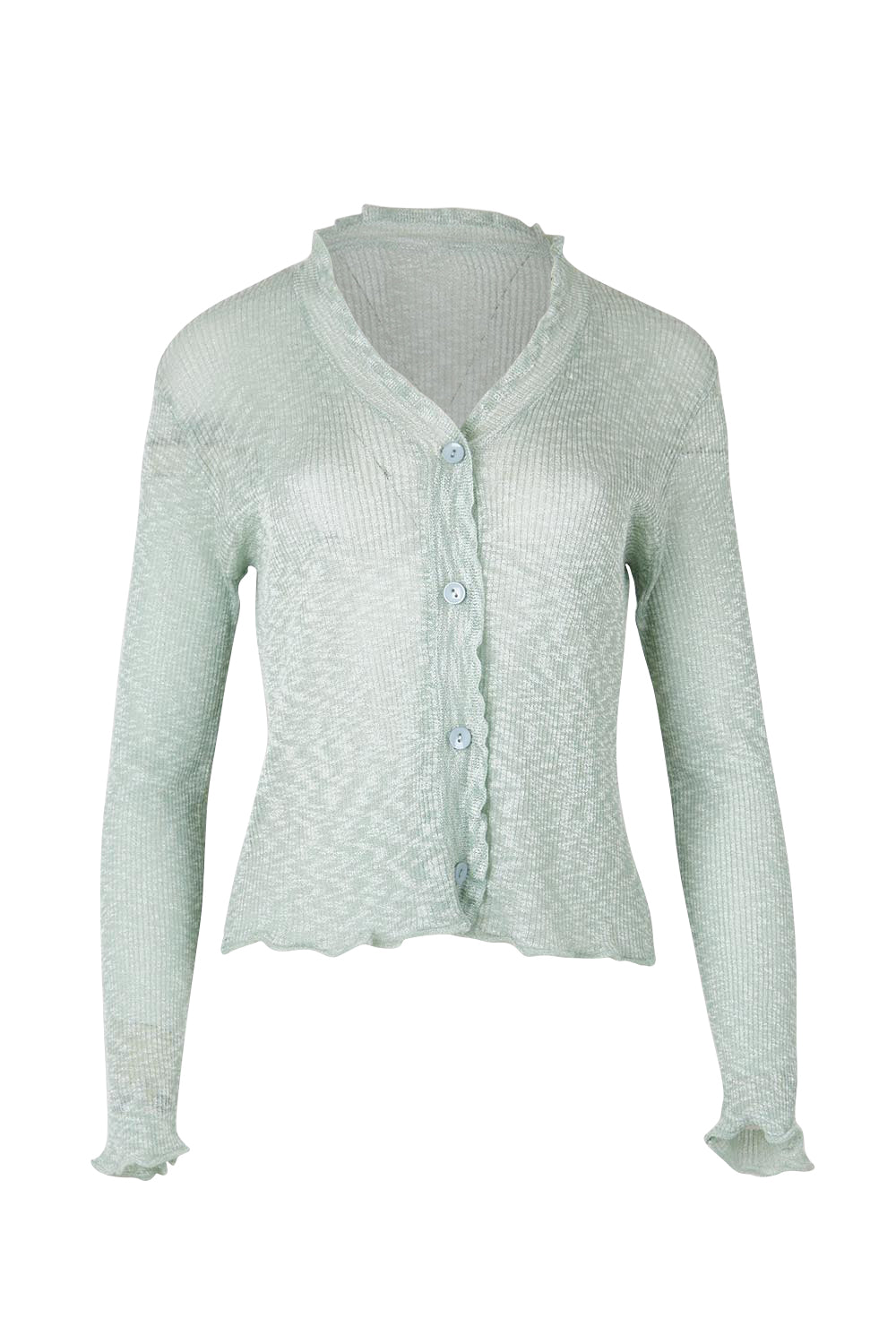 Product shot of the Super Fine Summer Ruffle Cardi – Mintmarl in colour Mintmarl, from the front