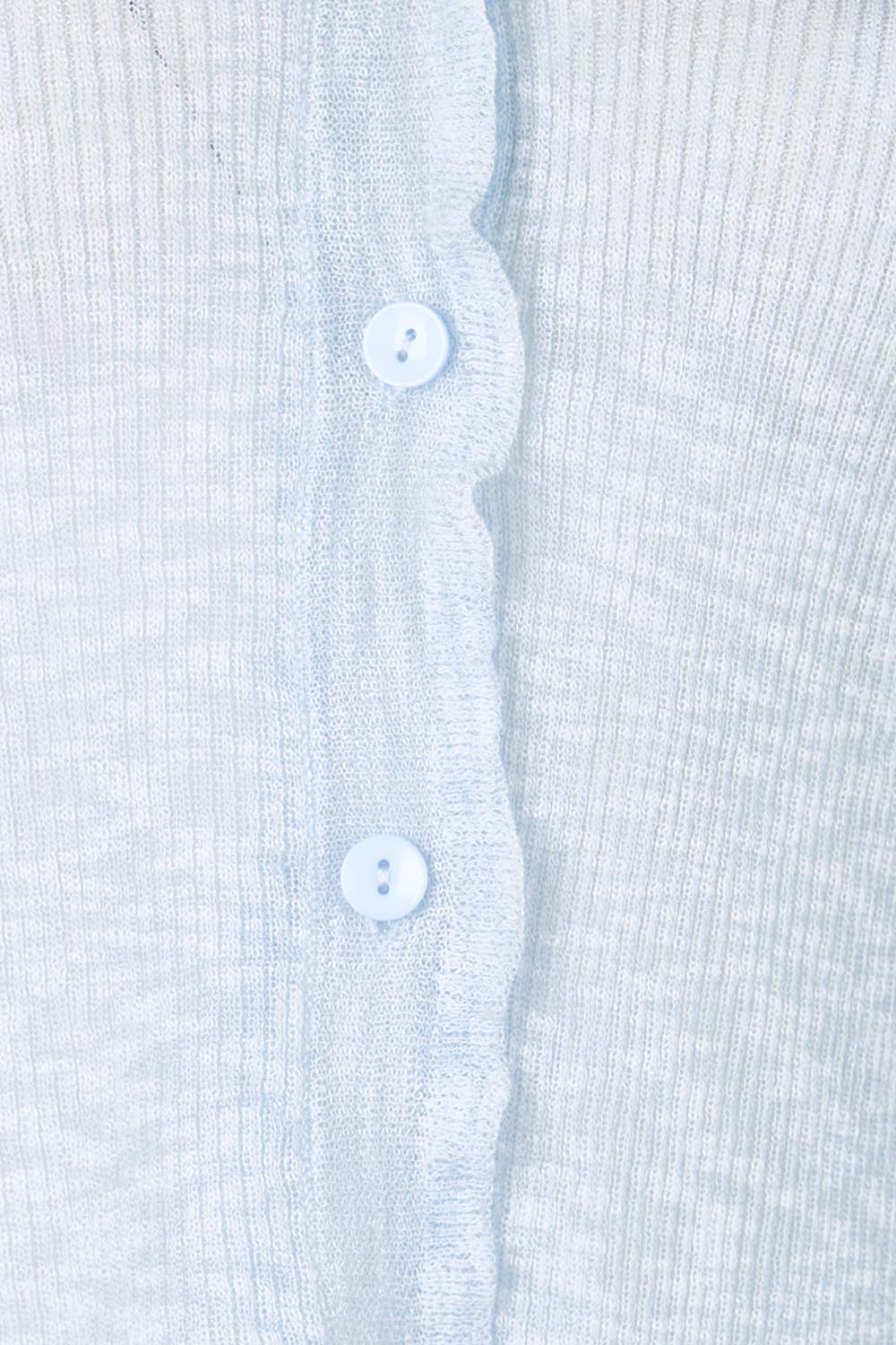 Product shot of the Super Fine Summer Ruffle Cardi – Skymarl in colour Skymarl, showing detail