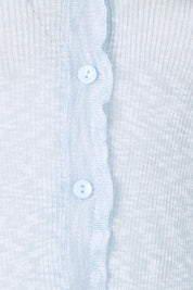 Product shot of the Super Fine Summer Ruffle Cardi – Skymarl in colour Skymarl, showing detail