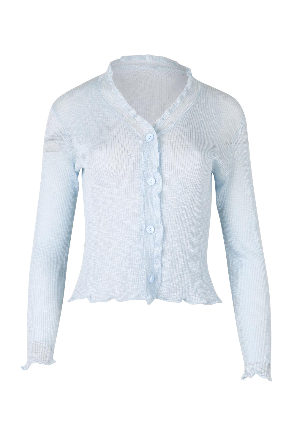 Product shot of the Super Fine Summer Ruffle Cardi – Skymarl in colour Skymarl, from the front