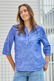 Model Tegand wearing size 10 of the Cool Ease Embroidered Cotton Shirt – Cornflower in colour Cornflower, in a cropped view